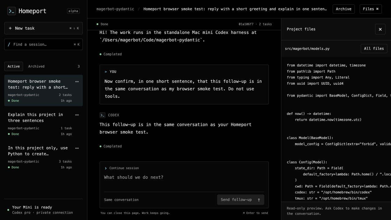 The real Homeport workspace: searchable coding sessions, a Codex conversation, and a Python file preview in a black terminal-style interface.